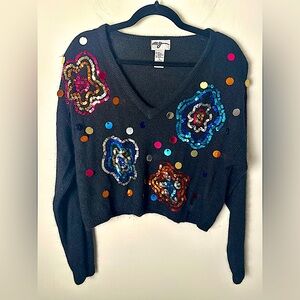 MY Women’s Y2K Medium Silk Angora Wool Knit Floral Sequin Artsy Black Sweater